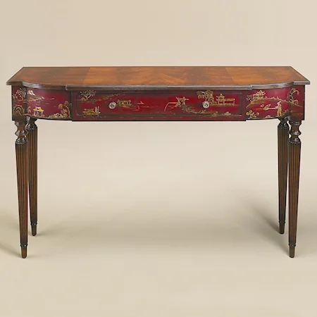 Aged Regency Mahogany Finished Sofa Table with Hand Painted Red Chinoiserie Apron